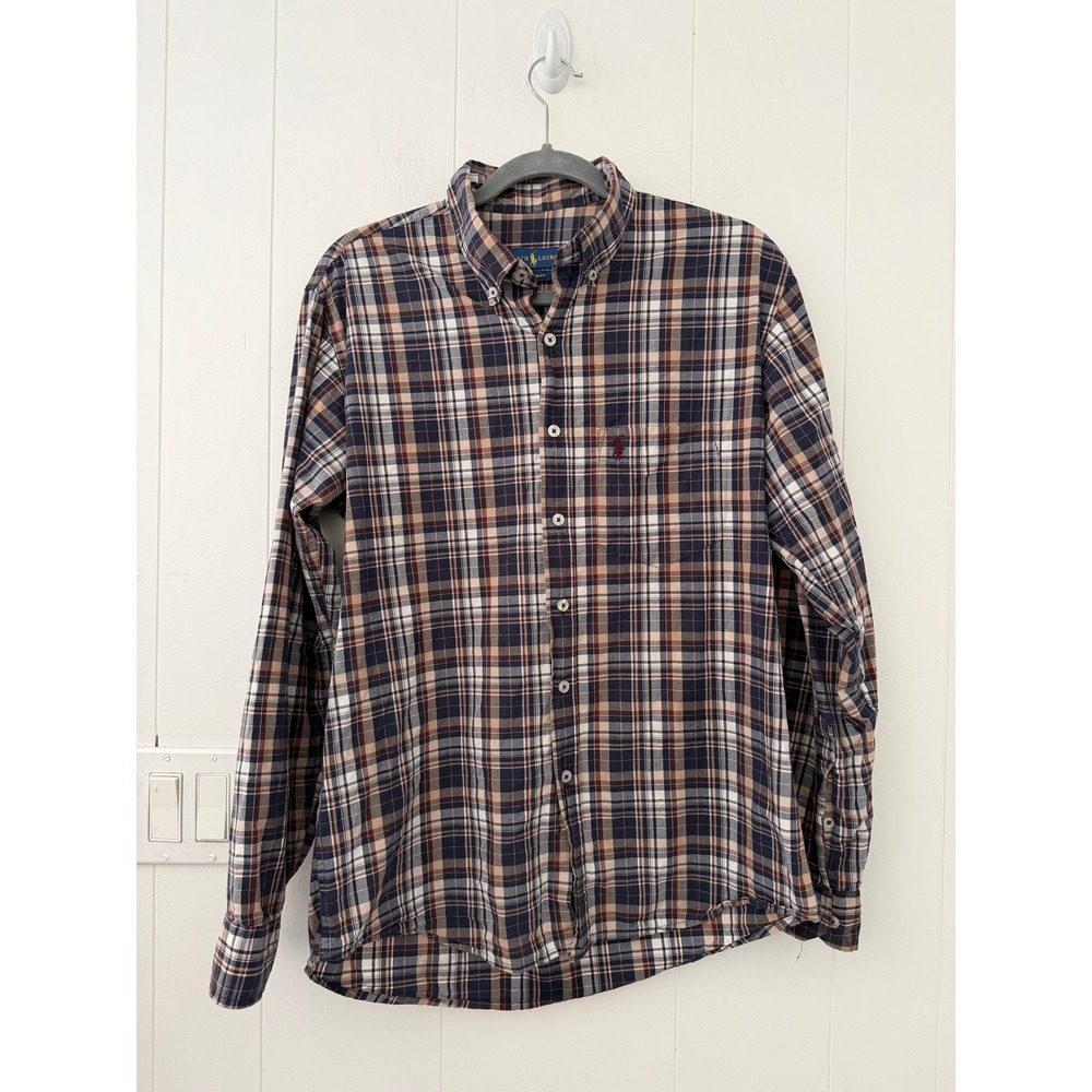 Polo Ralph Lauren Mens Custom Fit Plaid Button Down Shirt Navy Tan XL